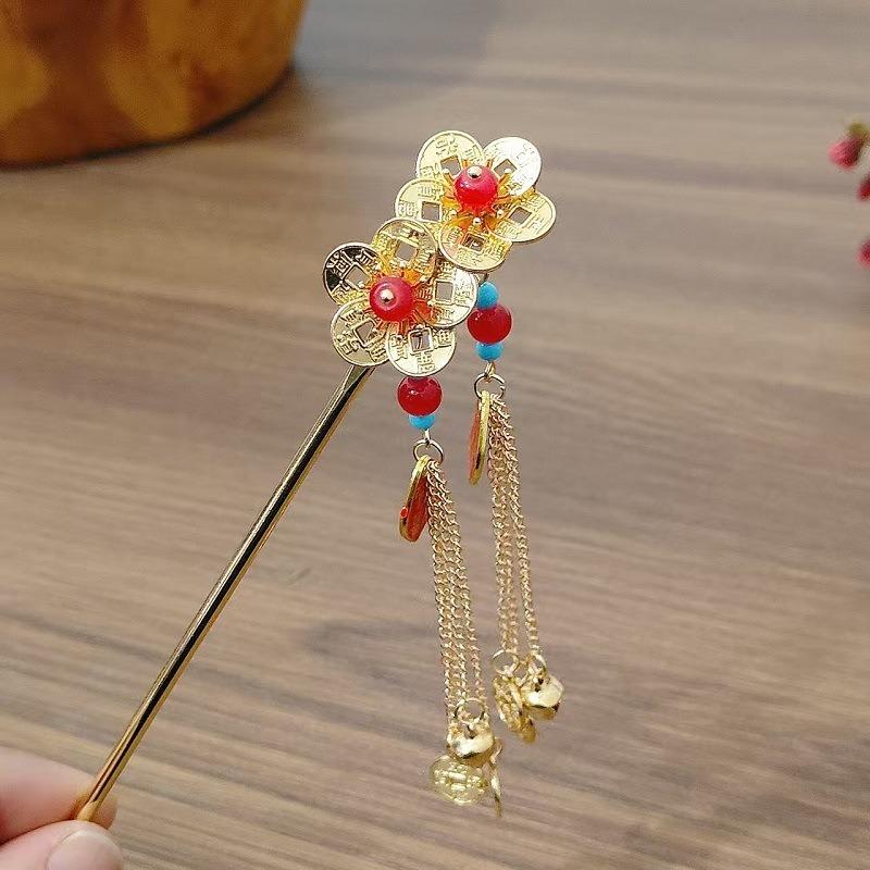 1pc Fashion Ancient Style Copper Coins Bells Tassels Hairpins New Chinese Style Money Flower Steps Hairpins Hanfu Headwear