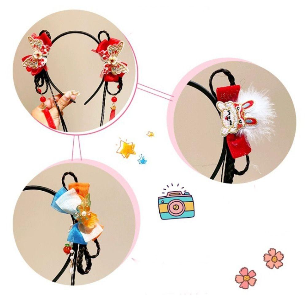 Braid Hair Chinese New Year Headwear Tassel Red Bow Hairband Simple Children Wig Headband  Children