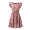 Women's Color Round Neck Pullover Short Sleeve Ruffle Tie Waist Dress