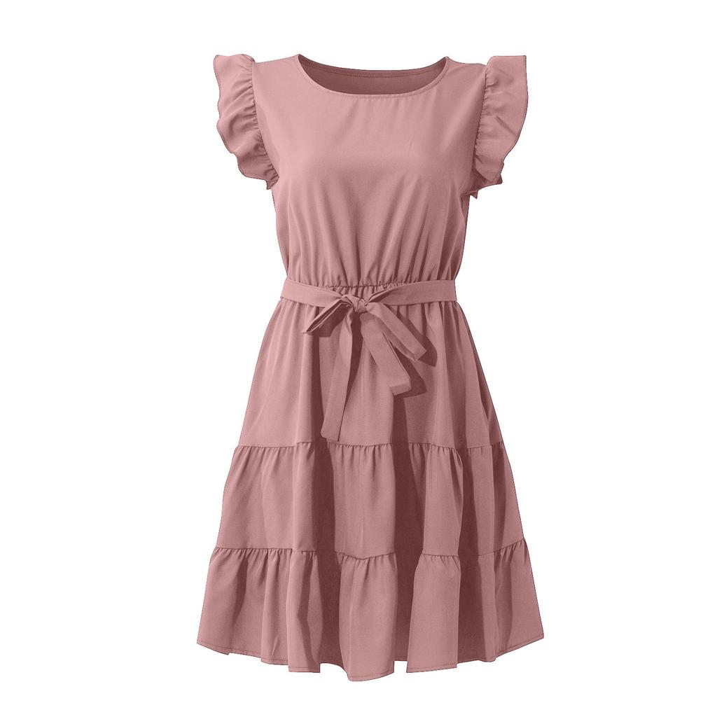 Women's Color Round Neck Pullover Short Sleeve Ruffle Tie Waist Dress