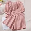 Petite Women's Square Neck Puff Sleeve Top & Elastic Waist Wide Leg Shorts Two-Piece Summer Set