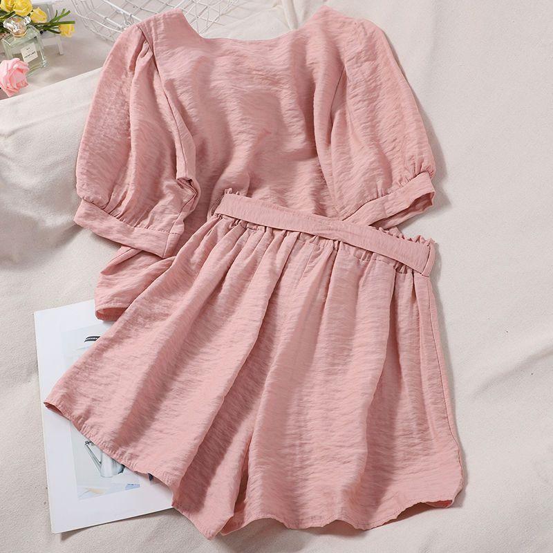 Petite Women's Square Neck Puff Sleeve Top & Elastic Waist Wide Leg Shorts Two-Piece Summer Set