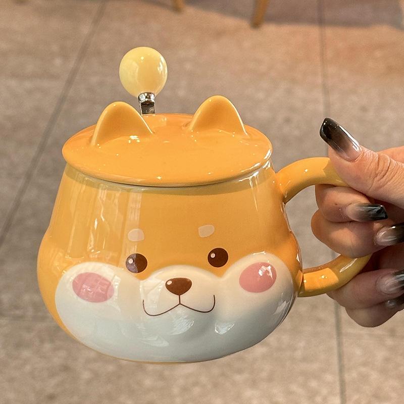 Cute Shiba Inu Coffee Mug Cartoon Animal Ceramic Milk Mug Creative Ceramic Mug with Lid and Spoon Kitchen Drinking Utensils