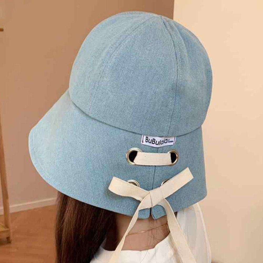 Letter Embroidery Distressed Cowboy Bucket Hat Drawstring Adjustable Windproof Fisherman Hat Wide Brim Casual Sun Hat