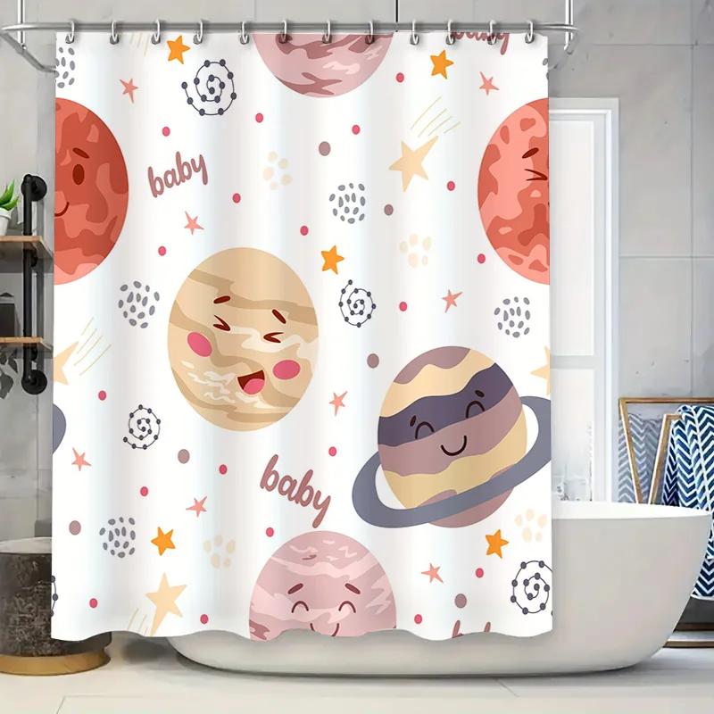 

Space Friends Shower Curtain Funny Planets Design For Kids Bathroom Decor Pink, Brown, Yellow Blue Colors With Stars, Hearts Spa W60H190(CM)-1 Pcs