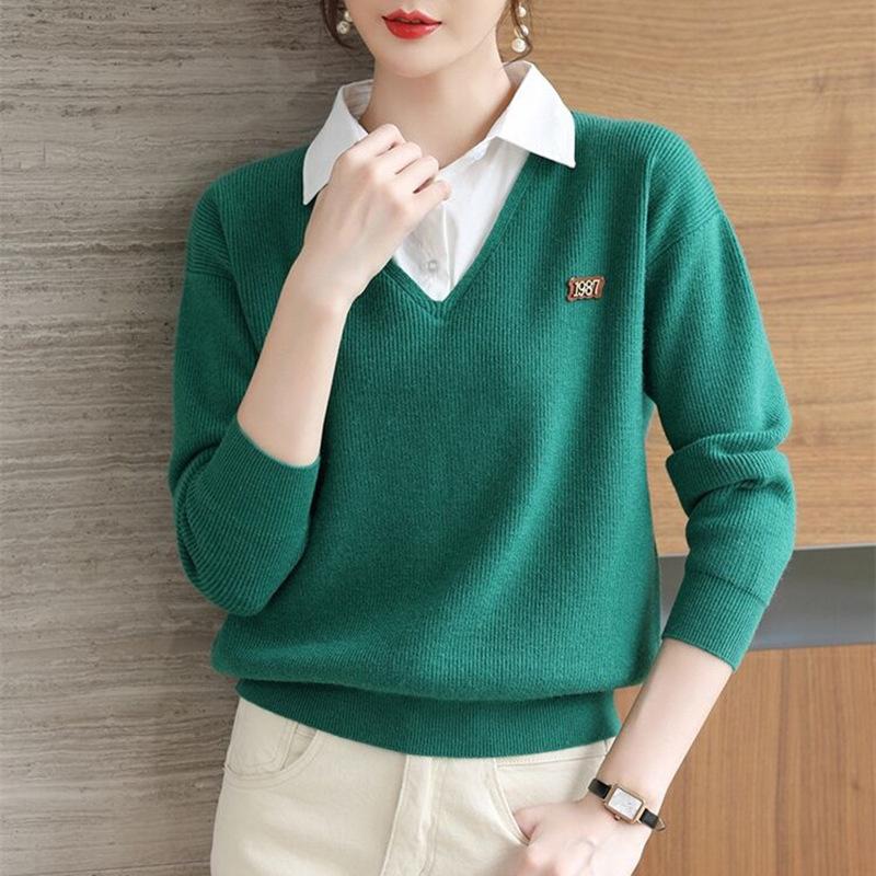 Fake Two Piece Knitted Sweater Tops Women Fashion Long Sleeve Plus Size Sweater Shirt Solid Base Pullovers