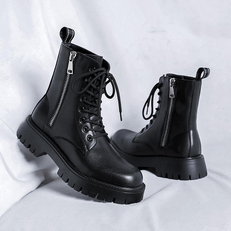 High-Top-Motorradstiefel für Herren Luxusmode Echtes Leder Schuhe Party Nachtclub Kleid Cowboy Plateau-Stiefel Lange Stiefel Mann