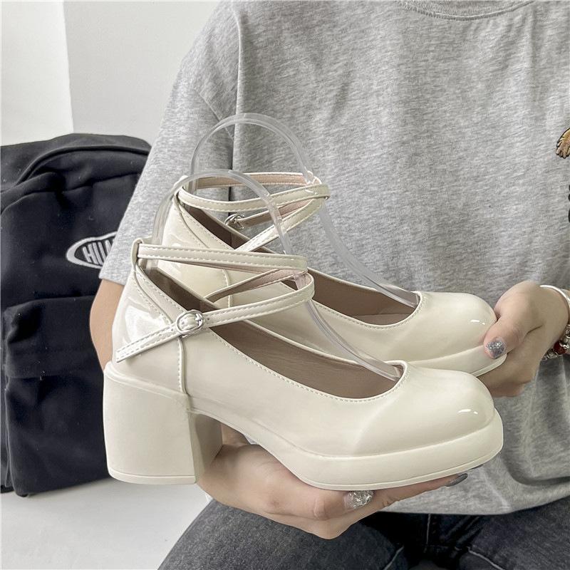 2024 New Mary Jane Thick Heel Single Shoes Women's British Style College Korean Version Loafers Shallow Mouth with Shoes