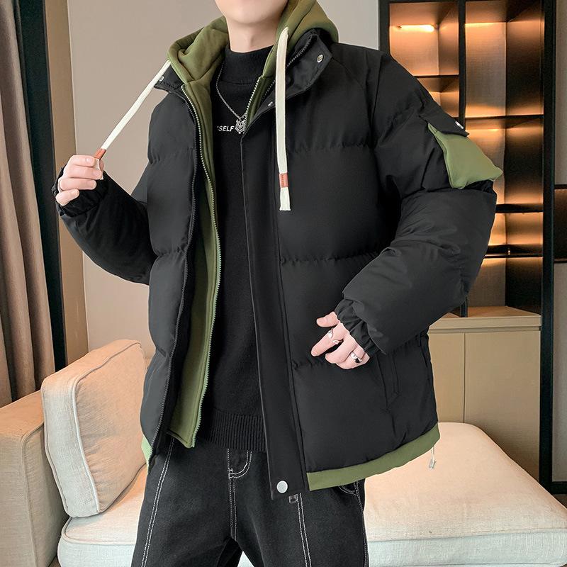 

New Autumn and Winter Cotton-padded Clothes Men s Hooded Tooling Casual Cotton-padded Clothes Fake Two Handsome Solid-color Cotton-padded 3XL чорний
