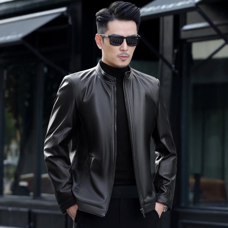 Futing Men's Genuine Leather Stand Collar Jacket