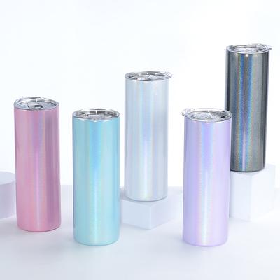 20 oz Glitzernder gerader, schmaler Becher mit Deckel und Strohhalm, Edelstahl, schlanke Reise-Vakuum-Wasserflasche für heiße, kalte Getränke