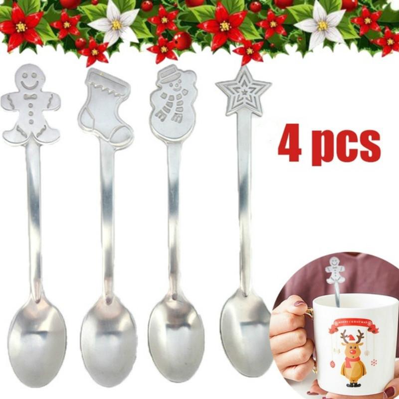 Set da 4 Pezzi Cucchiaio di Acciaio Inossidabile di Natale Moda Cartone Animato Cucchiaino da Caffè ( Senza scatola )