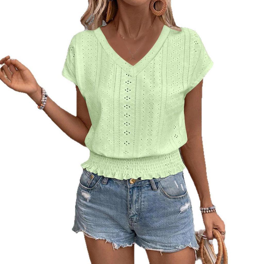 2025 Spring/Summer V-Neck Jacquard Cutout Ruched Short-Sleeve Women's Casual Fashion Top