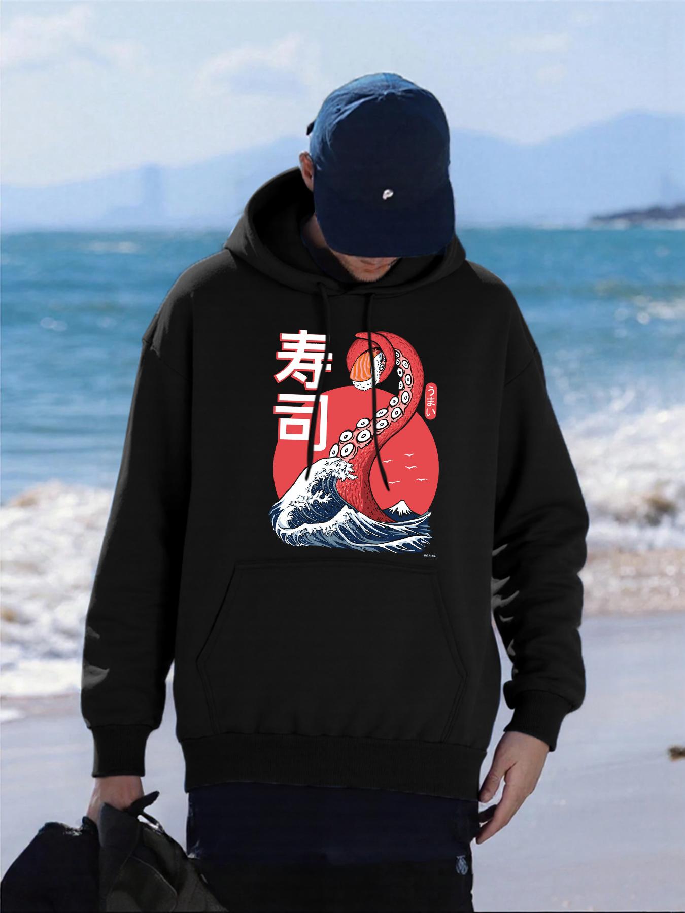 

Japanese Waves Sushi Food Prints Men Hoodie Comfortable Pocket Streetwear Loose Casual Hoody All-Match Fleece Unisex Clothing 3XL