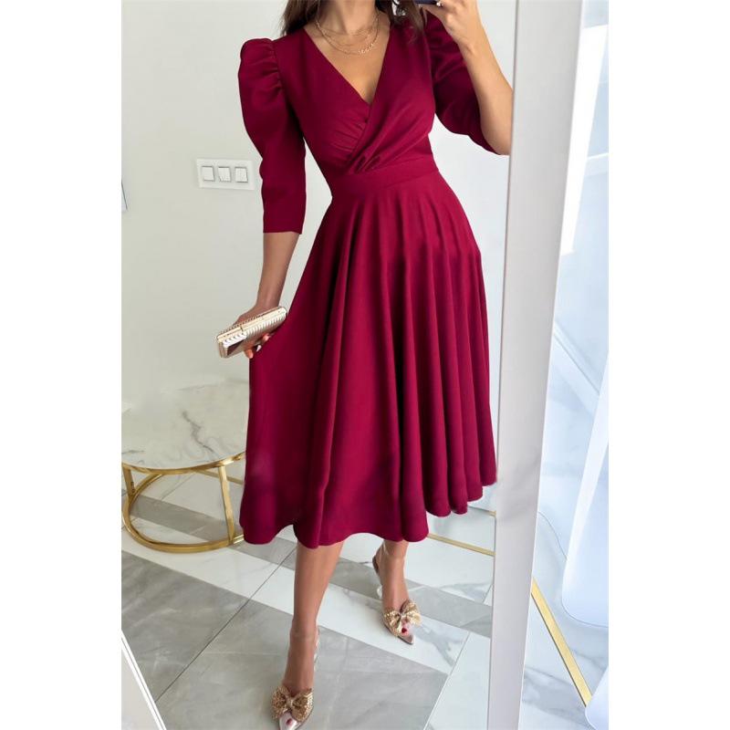 Autumn V-neck Waist-Cinching Bubble Sleeve Swing Dress