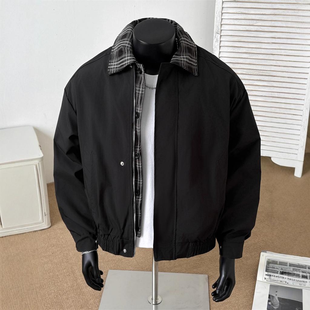 Vintage Vintage Checked Spliced Jacket Men's Autumn Maillard Fake Two-piece Jacket Lapel Short Baseball Jersey