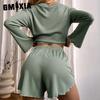 GMXIA Long Sleeve Shorts Autumn and Winter O-Neck Pajamas Two Piece Women's Home