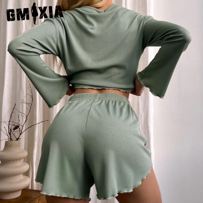 GMXIA Long Sleeve Shorts Autumn and Winter O-Neck Pajamas Two Piece Women's Home