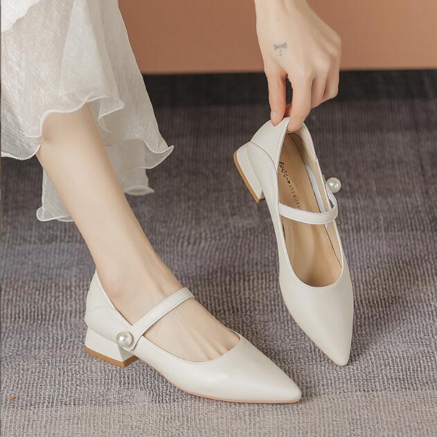 Genuine Leather Women's Shoes Elegant Casual Office Black Shoes Ladies Thick Heel Woman Pointed Toe Fashion Dress Party Pumps