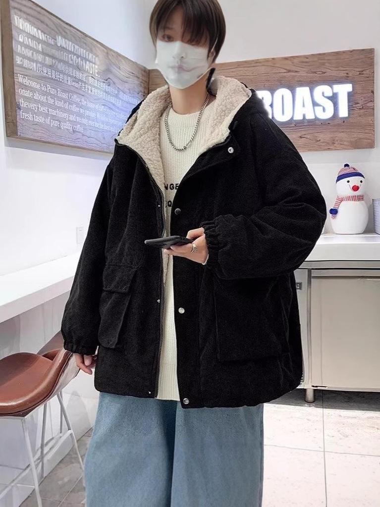Men's Winter Corduroy Cotton Coat with Velvet-Enhanced Lambswool, Hong Kong Style Hooded Casual Jacket.