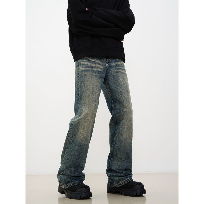 Kisko American High Street Washed Vintage Yellow Mud Flared Jeans for Men, Trendy Straight-Leg Slimming Cleanfit Long Pants