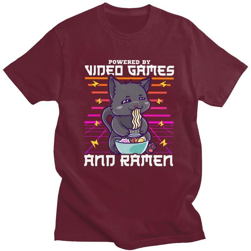 Powered By Video Games Ramen Anime Cat T Shirts Men 100 Cotton Tees Fathers Day Gift Tshirts ShortSleeve Tshirt Clothes
