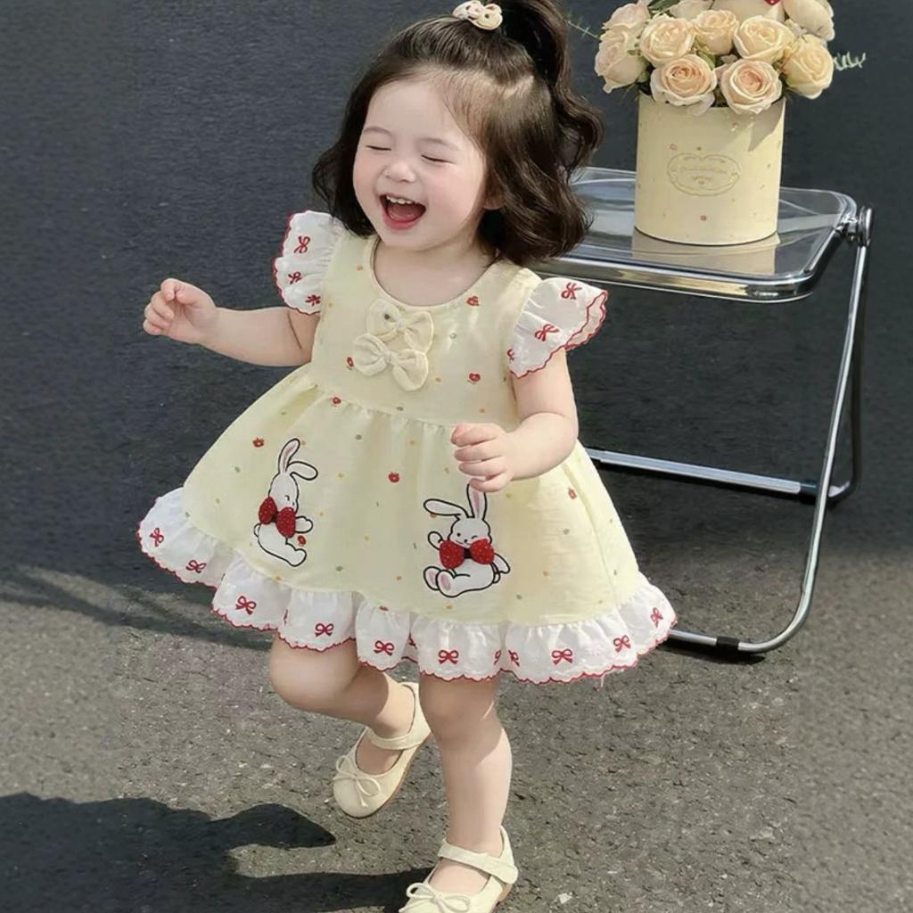 Girls Summer Cotton Dress with Bunny Print and Bow Single Layer Princess