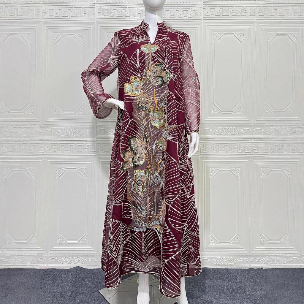 NC132 Embroidered Mesh Abaya Dress - Dubai Style