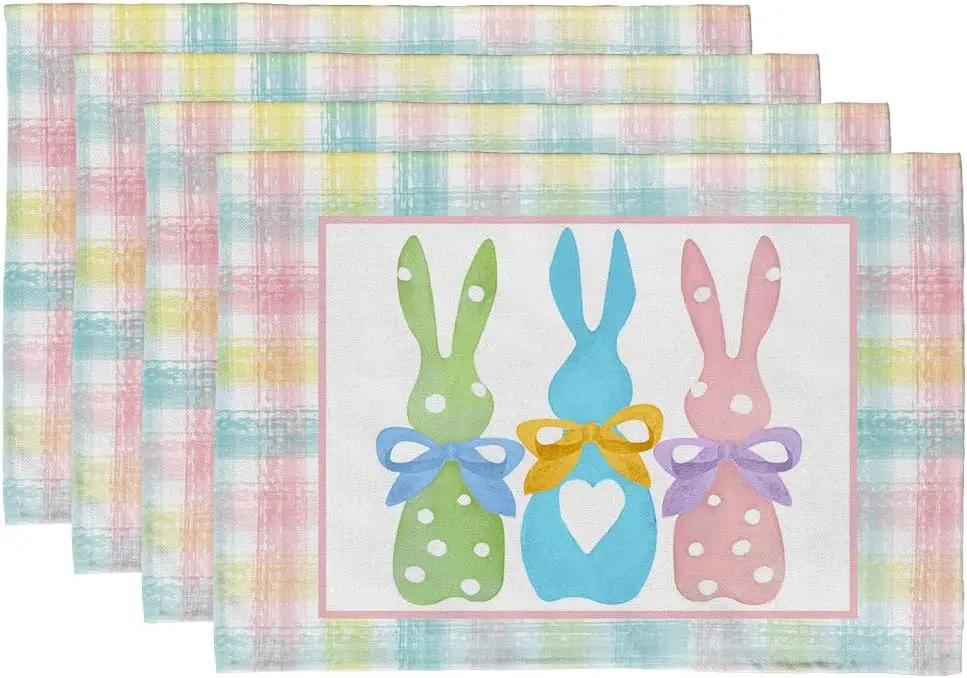 Happy Easter Placemats Set of 4 Bunny Tulip Pink Floral Heat Resistant Washable Farmhouse Place Mats for Dining Table Kitchen