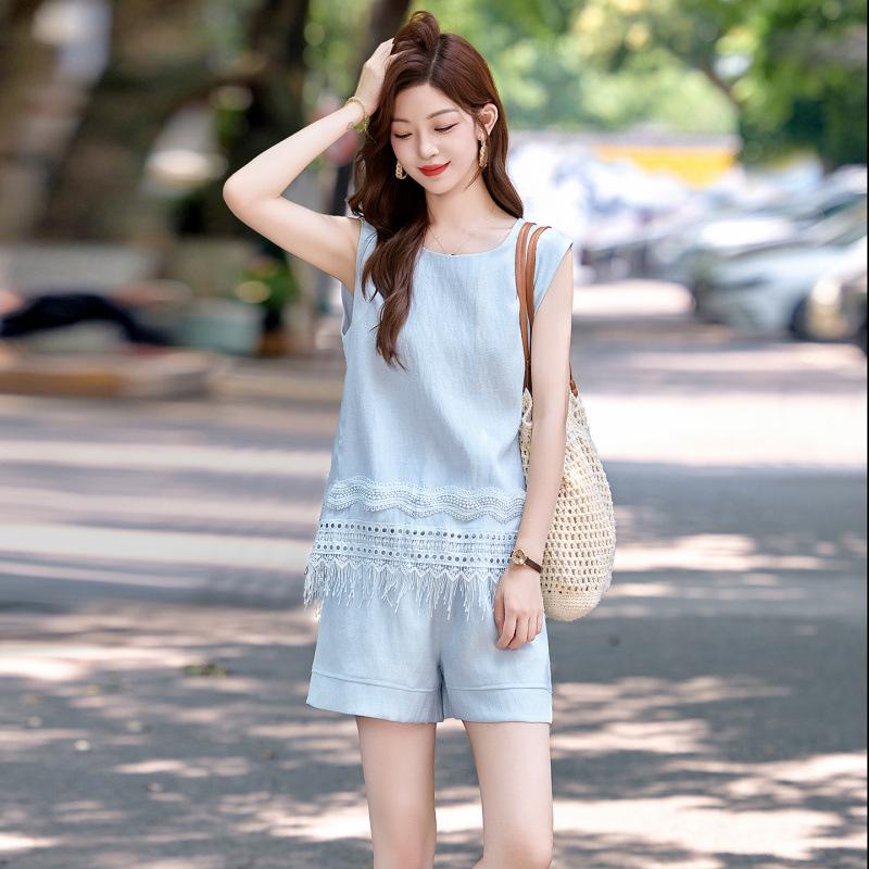 

Summer new fashion two-piece set women s rear split lace fringed vest casual shorts set M світло-синій колір