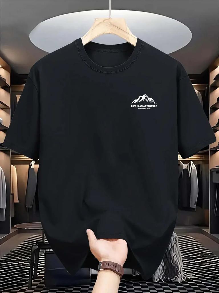 Summer men's 100% pure cotton casual sports loose letter and mountain printed comfortable round neck short sleeved T-shirt top#Color(4)