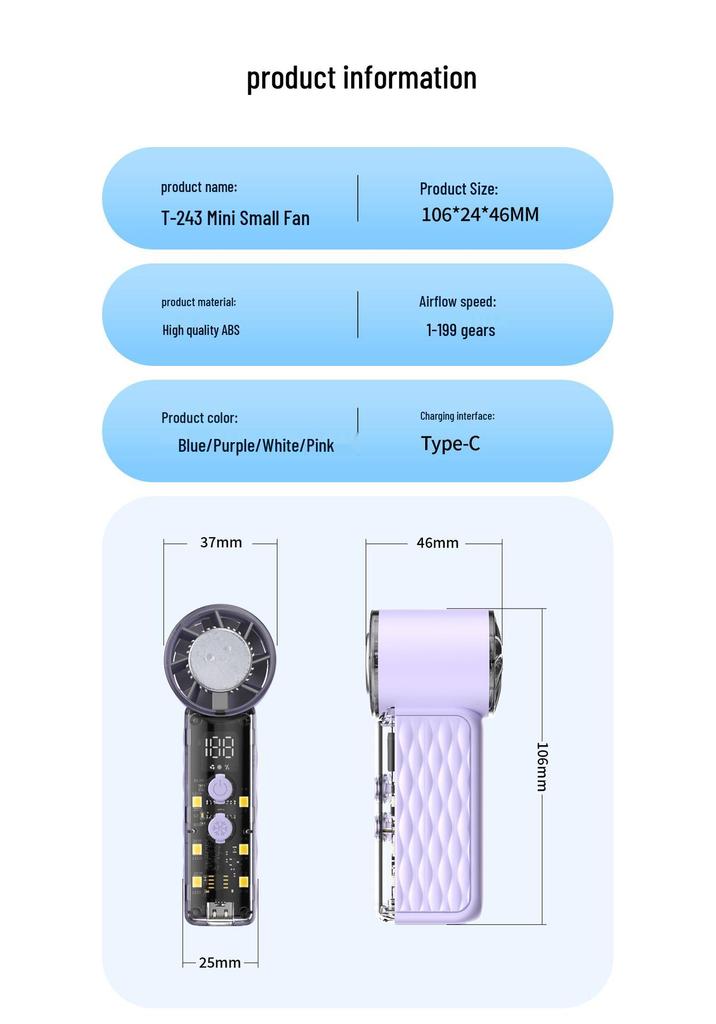 New T243 Macaron Color Portable Handheld Fan with Digital Display & Night Light