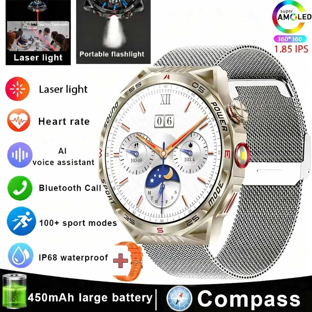 Outdoor Sport Kompass Smartwatch Herren Taschenlampe Laserlicht 450mAh Akku GPS Sport Track Wasserdicht Bluetooth Anruf Smartwatch