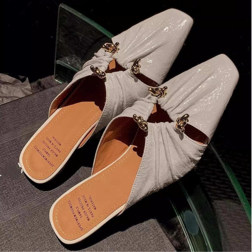 Baotou Cool Slippers Spring And Summer Triangular Buckle Hollow Thick Heel Wrinkled M Ü Ller Shoes For Women