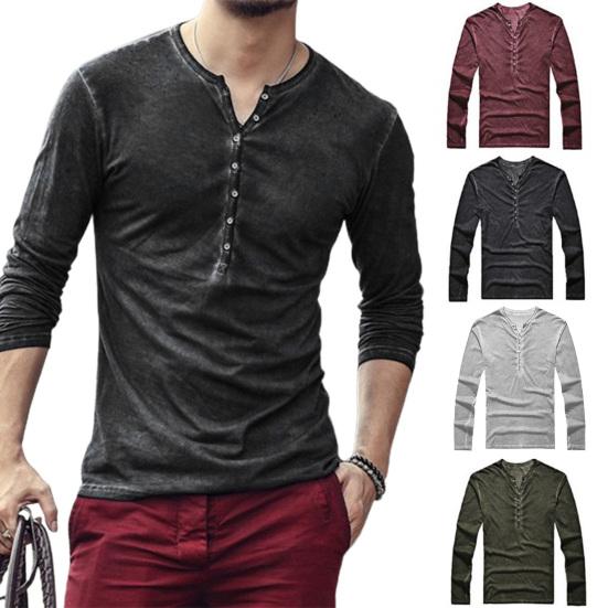 Langarm Herren T-Shirt Einfarbig Lässig V-Ausschnitt Dünne Knöpfe T-Shirt Herrenbekleidung
