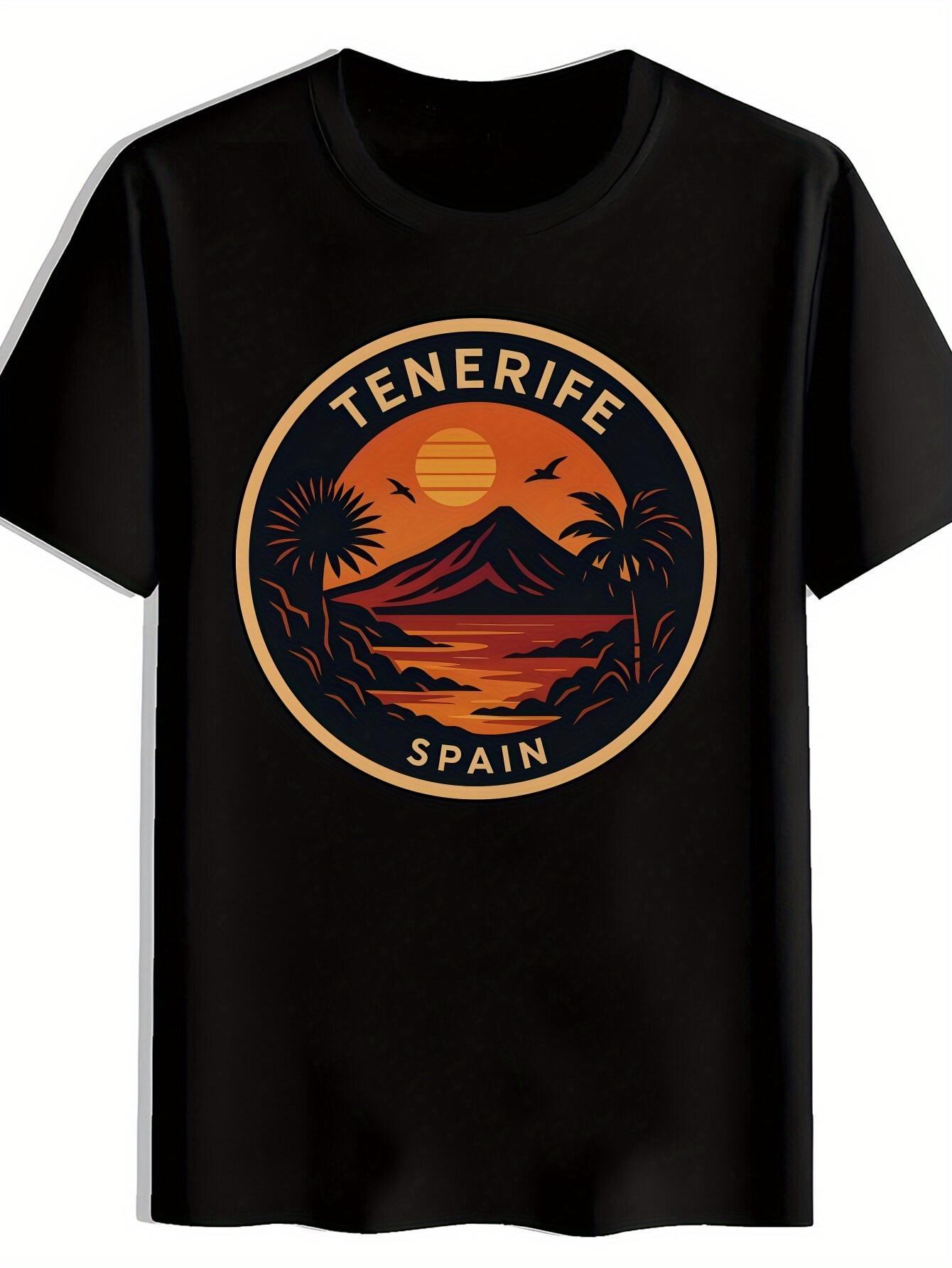 T-shirt Tenerife Spain & Teide Mountain Print - Short Sleeve Round Neck Casual Summer Shirt with Islands Landscape S