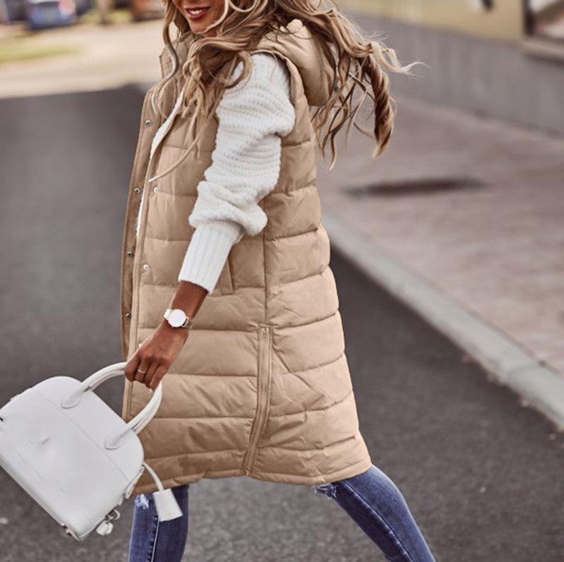 New European & American Fashion: Women's Solid Color Hooded Slim-Fit Sleeveless Mid-Length Cotton Vest