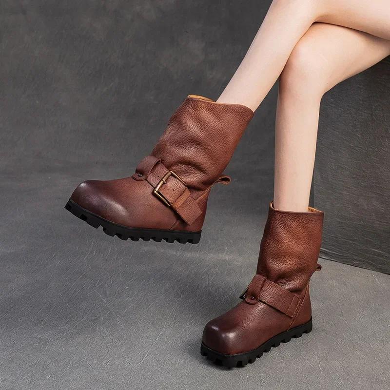 Fashion Top quality Spring Boots Slip on Chimney Ladies Women Shoes Cow Genuine Leather Ankle Booties Autumn Fashion Round Toe Moccasins
