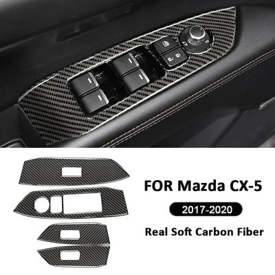 For Mazda CX-5 2017- Carbon Fiber 4PCS Car Window Lifter Switch Control Panel Frame Trim Cover Interior Decoration Sticker