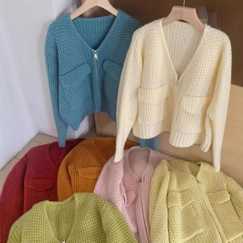 Short Waffle Double Zipper Knitted Cardigan Women's Autumn and Winter New Loose Versatile Sweater Jacket Tide