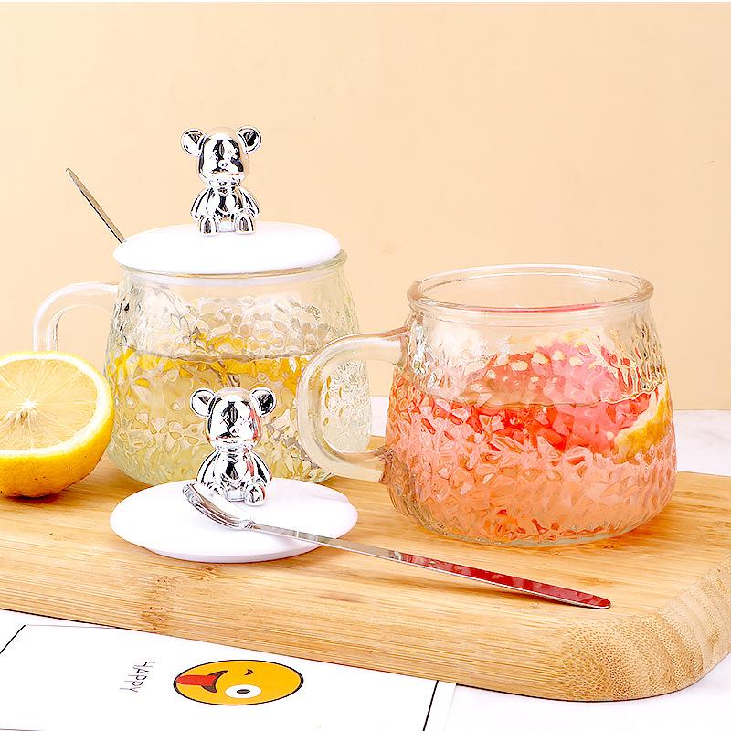 Trendige Bären-Glastasse mit Henkel & Deckel - Stilvolle und niedliche Heim-Wassertasse