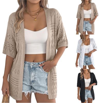 Lässige und modische Strickjacke mit einfarbigen, ausgehöhlten Mittelärmeln für Damen