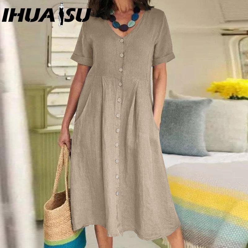 

IHUASU Women s Fashion Summer Spring Solid Color Print V-Neck High Waist Casual Dresses XXXXXL хаки