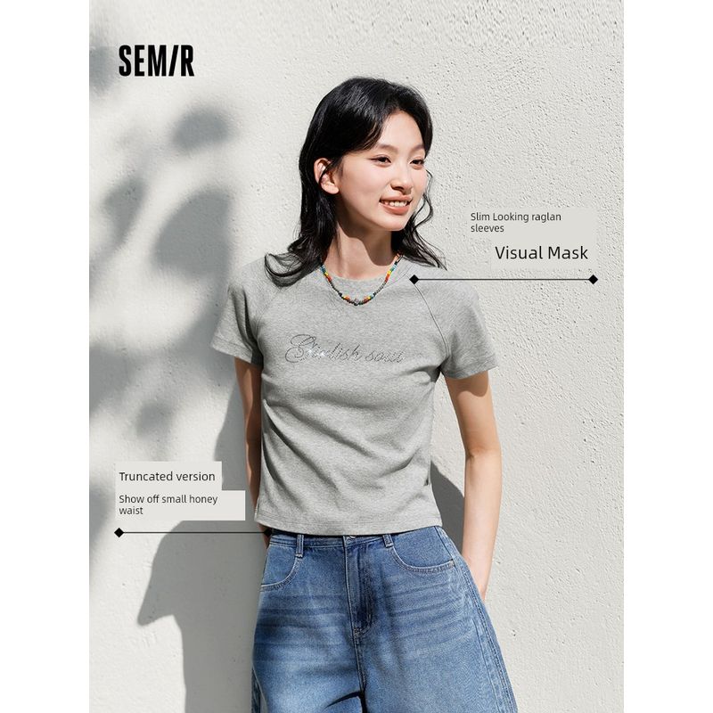 

Senma Short sleeve T-shirt Women Short Letter Raglan Sleeve Tight 2025 Summer New Fashion Hot Drilling Clothes Temperament Medium Flower Ash 00510 170/92A/XL