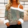 Women's Off-the-shoulder Plush Neck Printed Long-sleeved Pullover T-shirt Top
