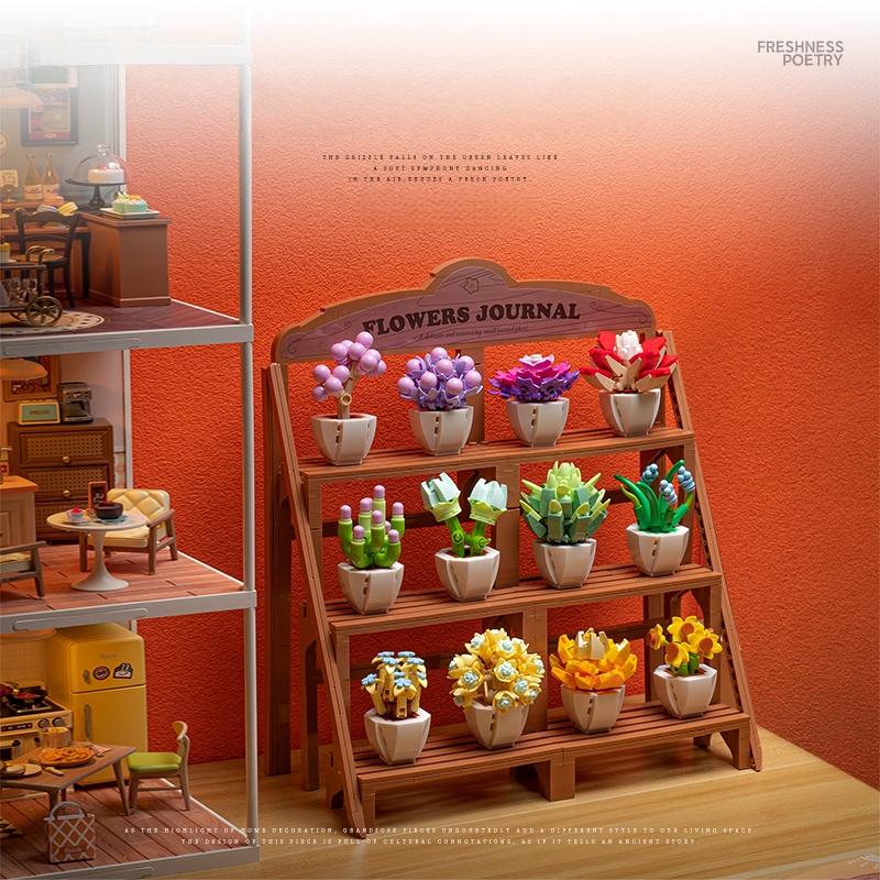 DIY Potted Succulent, Flower Bouquet Building Block Toy Creative Greenery Decoration, Stand Perfect As Children's Holiday Gift