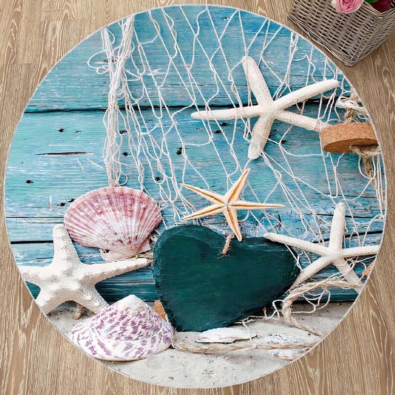 Colorful Seashell Print Carpet Coastal Circle Living Room Rug Modern Artwork Non-Slip Floormat for Hallway Living Room Bedroom