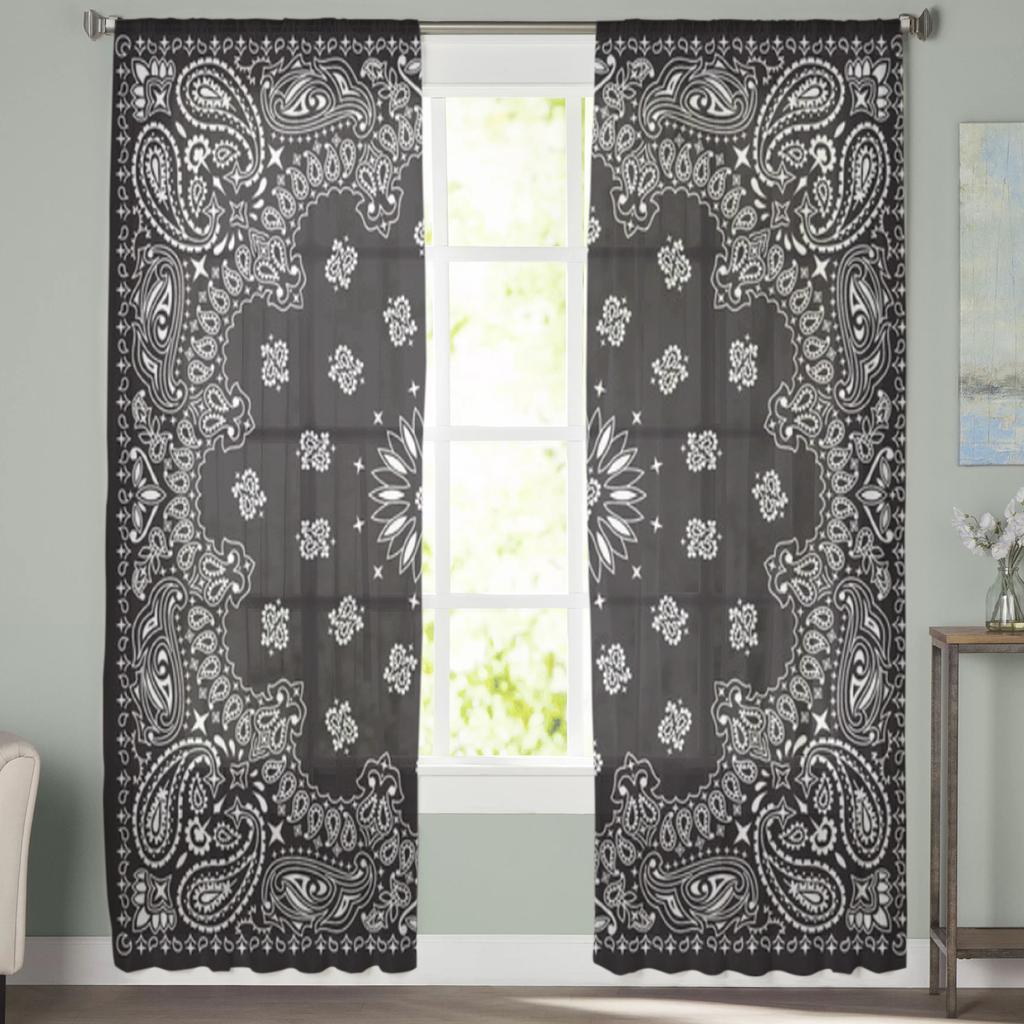 Czarne Zasłony Przezroczyste z Wzorem Bandana do Salonu Sypialni Zasłony Tiulowe Zasłony na Okno Kuchenne Panel