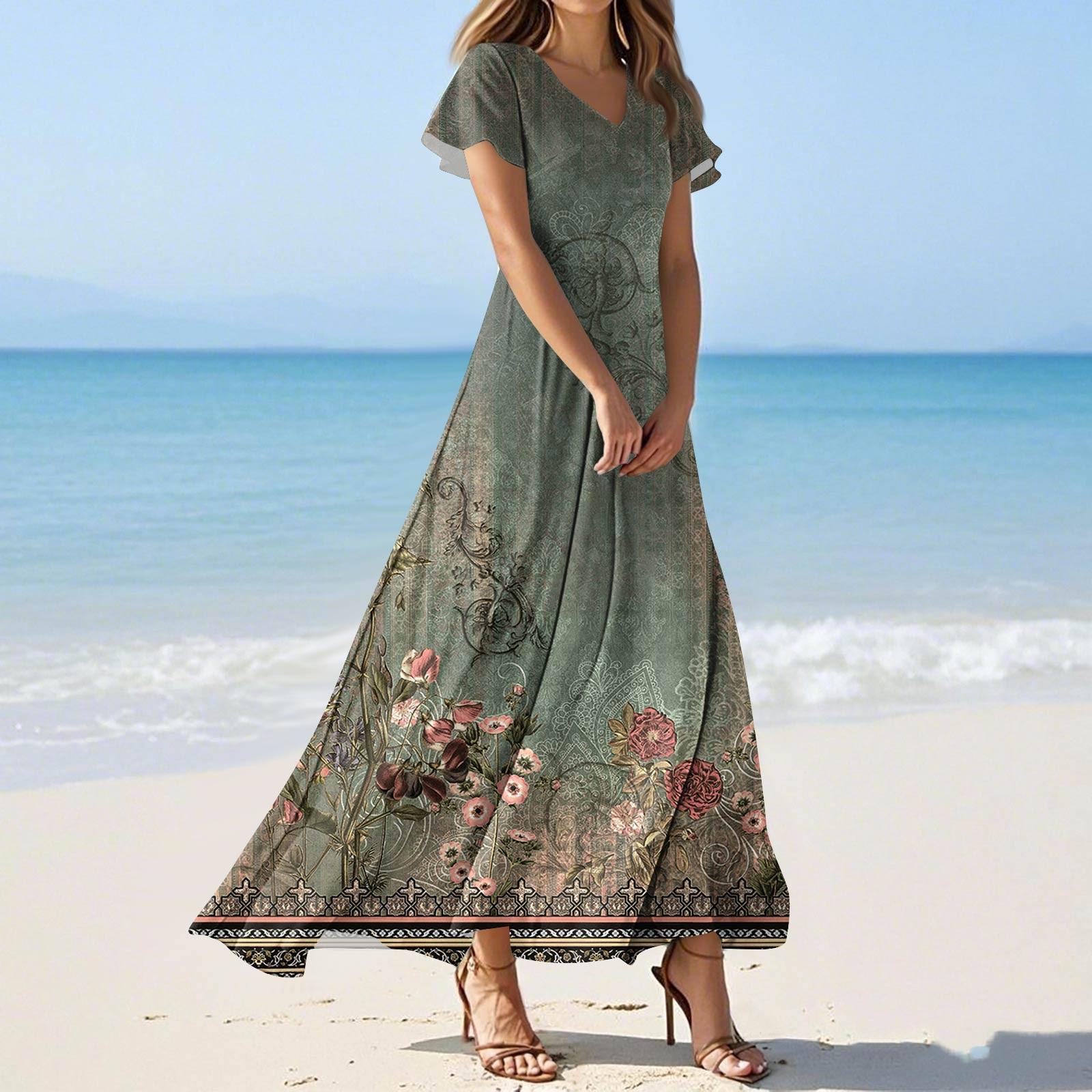 

Women s Summer Casual Fashion Print Color Dresses V-Neck Short Sleeve Dresses L