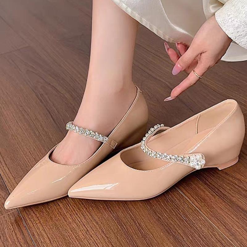Fashion Fashionable and Elegant Inside Heightened Single Shoes Autumn New Pointed Toe  Rhinestone Soft Sole Wear-resistant Flats